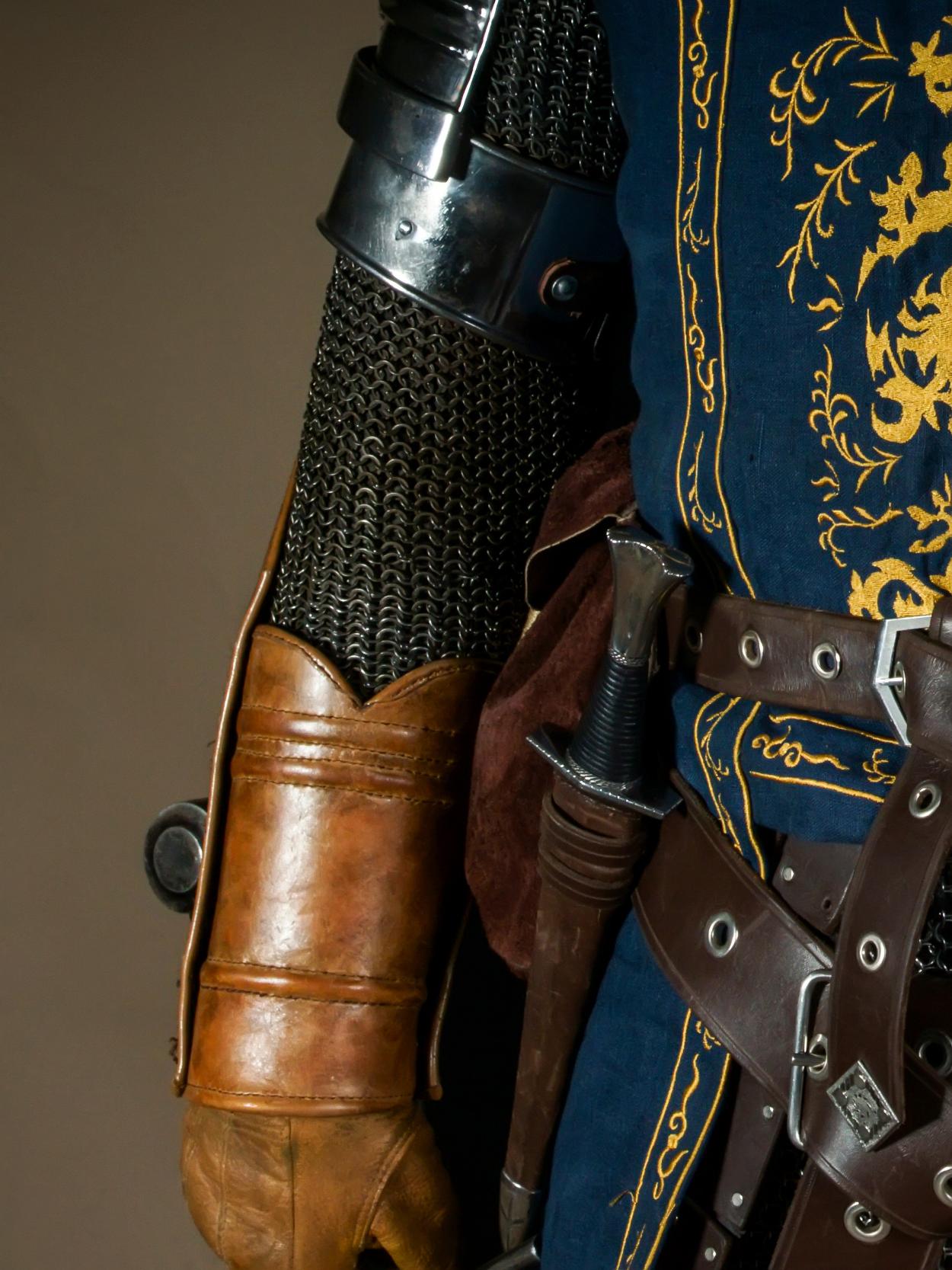Close up of medieval style chainmail and leather armour